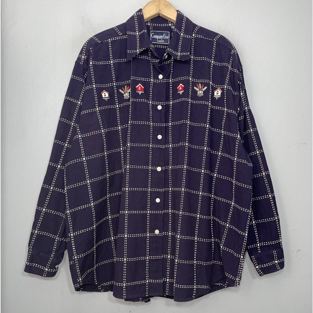 Company One Button Up Shirt Plus Size 2X Embroidered Country Birdhouse